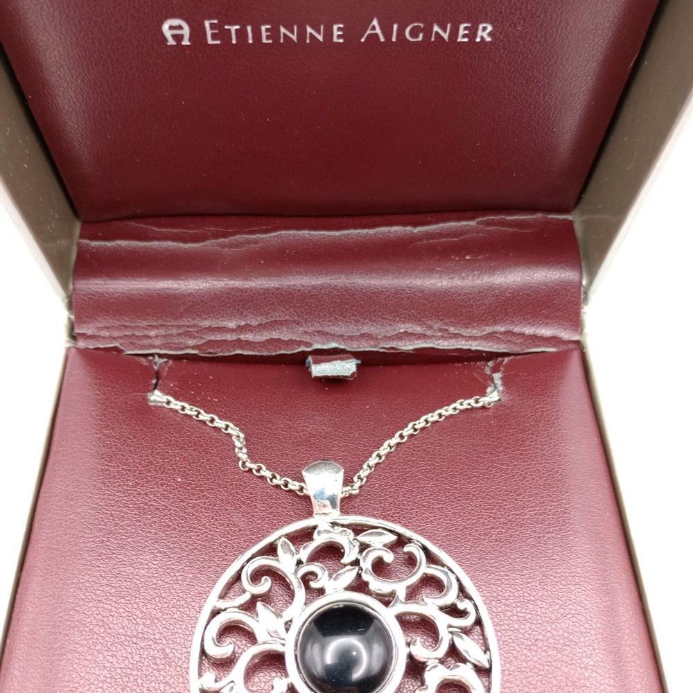 Etienne Aigner Silver-Tone Filigree Round Semi-Precious Pendant Necklace w/ Box‎ - Picture 12 of 14